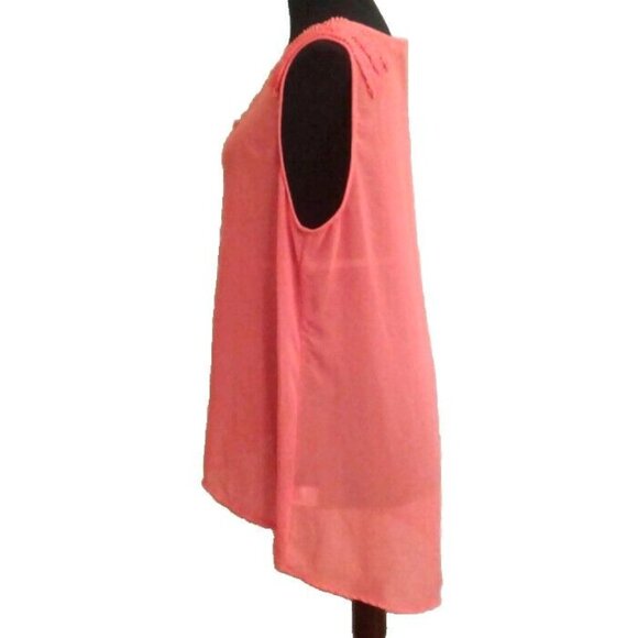 Charming Charlie Size L Top Womens Sleeveless Button Up Coral Sheer Hi Low Hem - Picture 3 of 9